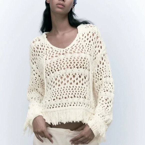 Zara Open Knit Sweater With Fringing Ecru White Size Small - Picture 1 of 8